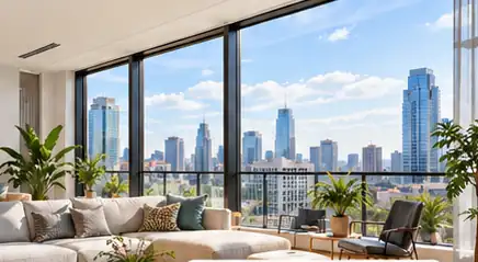 AI-generated sunlit shared living room with plants and large windows